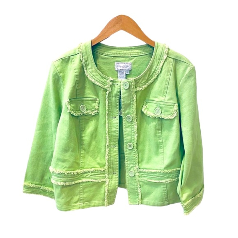 NWT Lime Green Denim Jean Jacket Fringe Boho XL